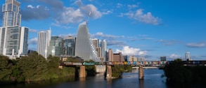 a bridge over a river with a city in the background