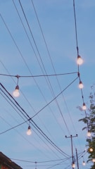 An arrangement of hanging light bulbs suspended from wires against a clear blue sky. The lights are evenly spaced along black cables which intersect at various points, creating a geometric pattern. Partially visible tree foliage is seen on the right side, adding an organic element to the scene.