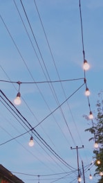 An arrangement of hanging light bulbs suspended from wires against a clear blue sky. The lights are evenly spaced along black cables which intersect at various points, creating a geometric pattern. Partially visible tree foliage is seen on the right side, adding an organic element to the scene.