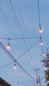 An arrangement of hanging light bulbs suspended from wires against a clear blue sky. The lights are evenly spaced along black cables which intersect at various points, creating a geometric pattern. Partially visible tree foliage is seen on the right side, adding an organic element to the scene.