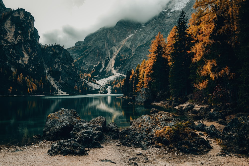 a lake surrounded by mountains