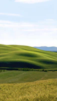 View of the Harz mountains with gentle hills and a clear blue sky.