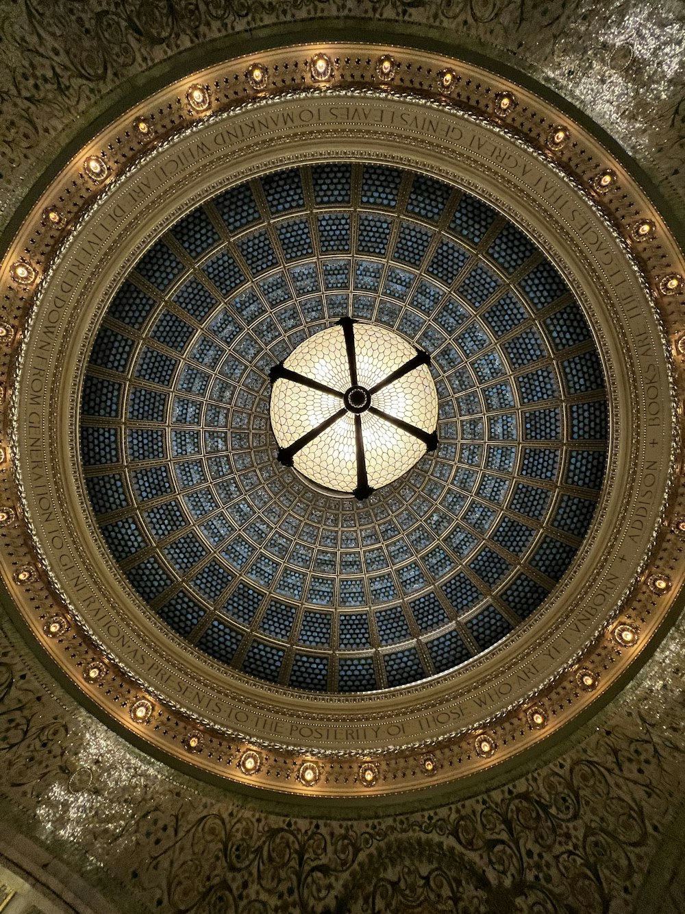 a circular ceiling with a clock