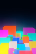 A collection of vibrant, multicolored cubes arranged in a three-dimensional space against a dark background. The cubes vary in size and emit a soft glow, creating a sense of depth. The colors include shades of pink, orange, yellow, blue, aqua, and purple.