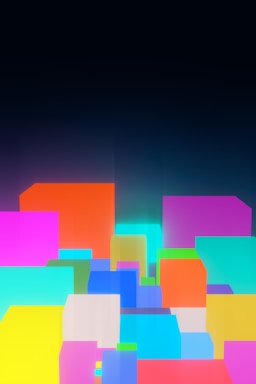 A collection of vibrant, multicolored cubes arranged in a three-dimensional space against a dark background. The cubes vary in size and emit a soft glow, creating a sense of depth. The colors include shades of pink, orange, yellow, blue, aqua, and purple.