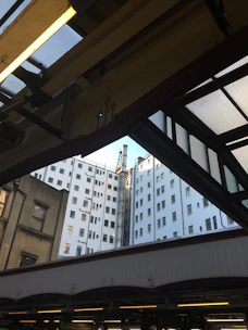 Wide shot of a commercial building with visible plumbing infrastructure.