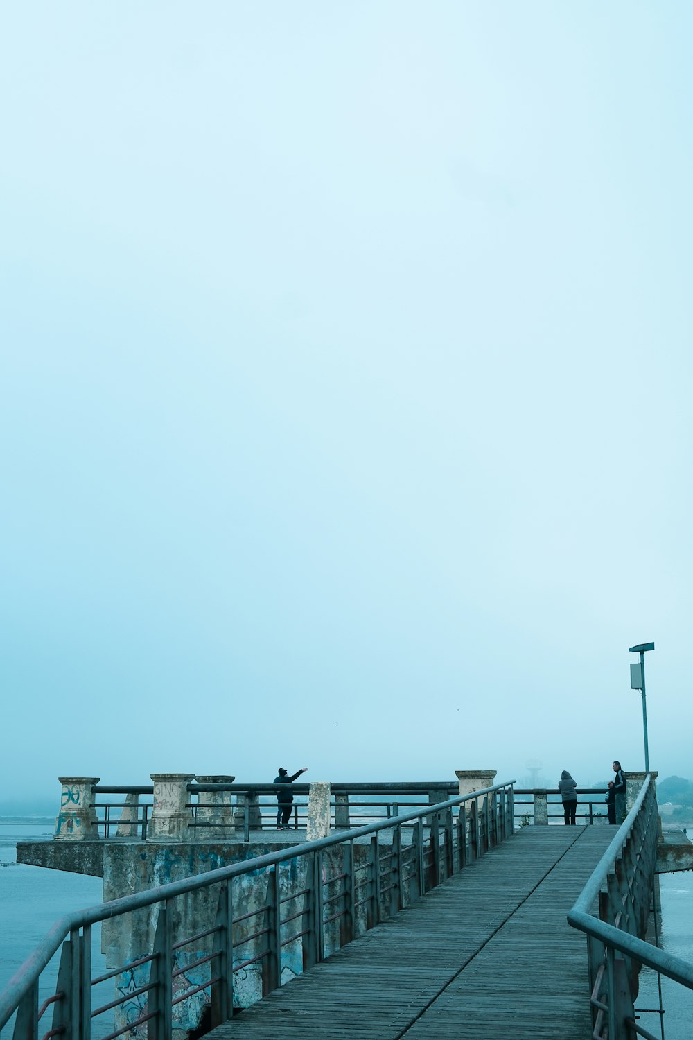 a group of people walking on a wooden bridge over water