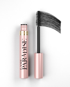A pink and black mascara tube is displayed with its brush applicator extended, showcasing the brand name 'Lash Paradise' prominently on the tube. The overall look is sleek and elegant with a focus on the product's design.