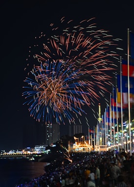 A lively crowd enjoying Freedom Fest near a sparkling pond under colorful fireworks.