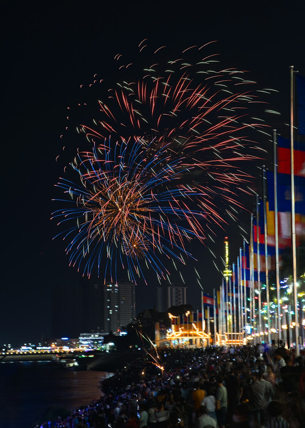 fireworks in the sky over a city