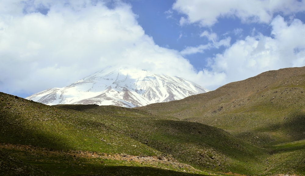 a snowy mountain with clouds