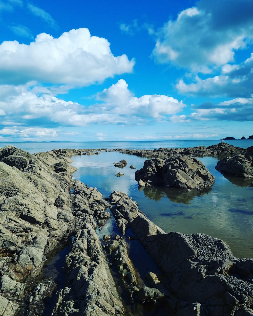 a rocky beach with blue water