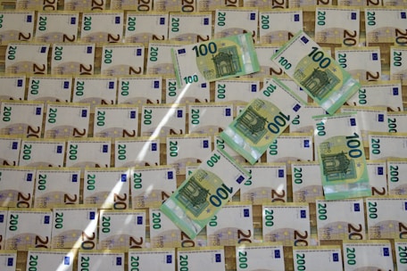 A close-up of euro banknotes with a subtle upward graph overlay symbolizing economic stability.