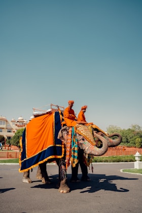 a couple of people riding an elephant