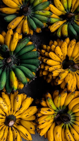 Several clusters of bananas are displayed, with varying ripeness from green to yellow. The bananas are neatly arranged against a dark background, highlighting their vibrant colors.