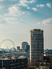 a city with a ferris wheel