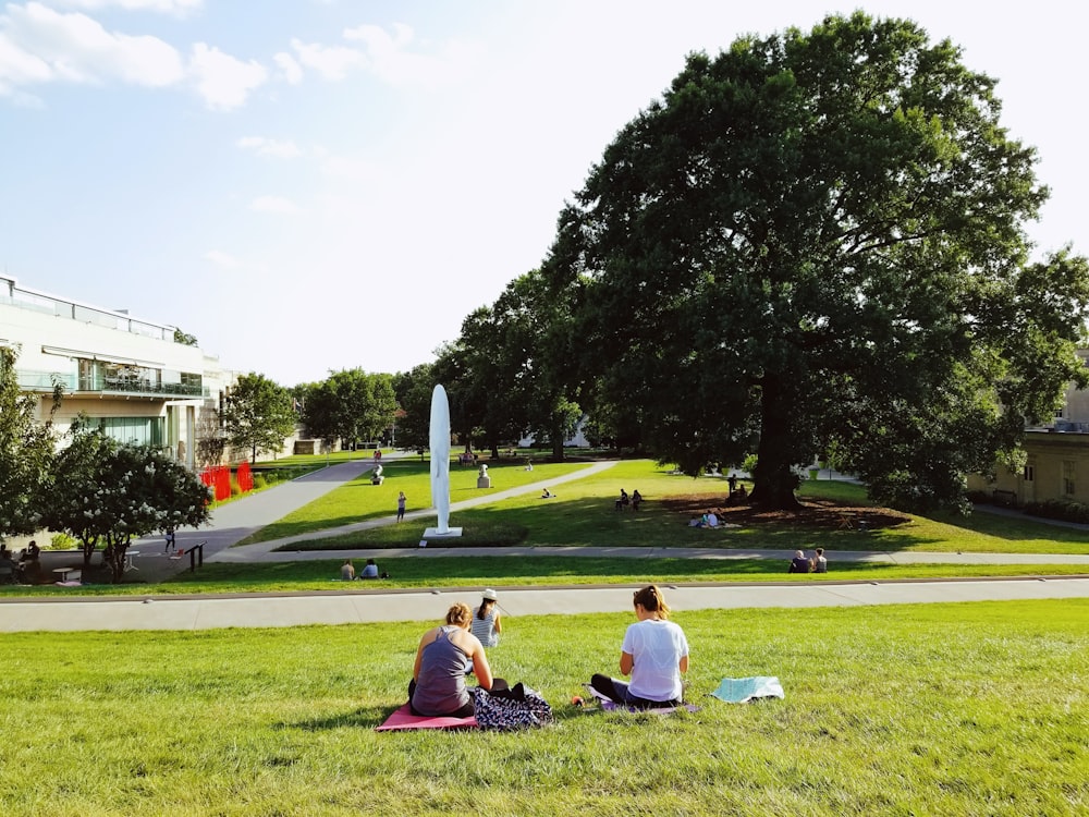 a group of people sitting on the grass in front of a statue