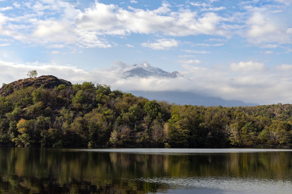 un cuerpo de agua con árboles y colinas en el fondo