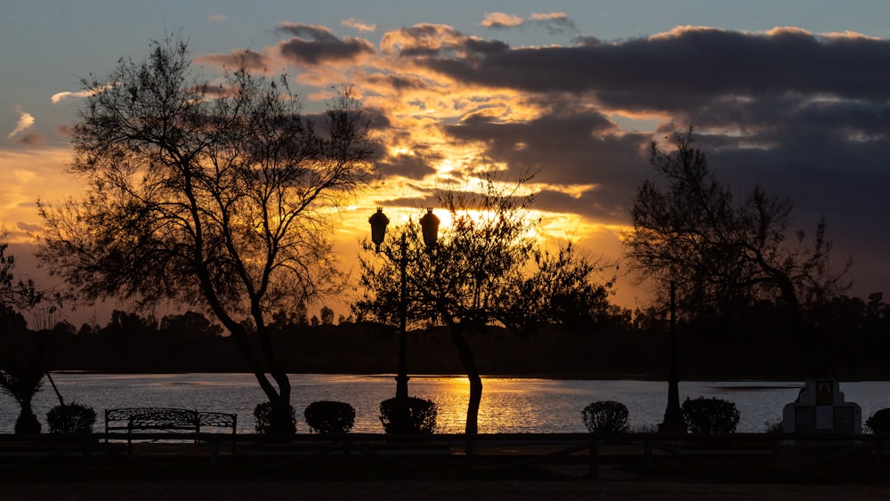 a sunset over a lake