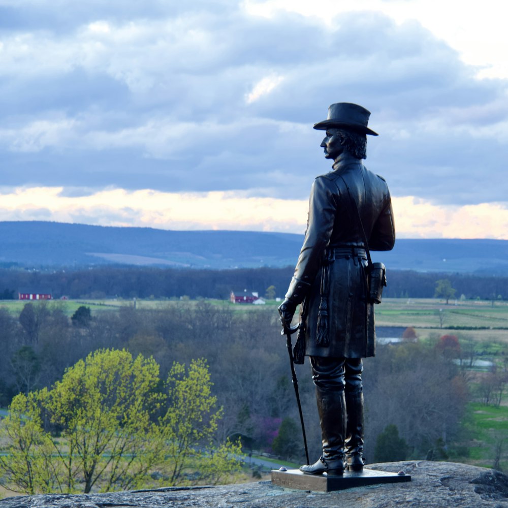 a statue of a man with a hat and a cane