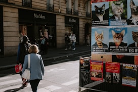 Pedestrians walk near a MaxMara store on a street lined with advertisement posters featuring cats in humorous political attire. The storefront has mannequins on display, and there are various posters promoting concerts and events on a nearby billboard. The scene has a candid, urban vibe with people casually going about their day.