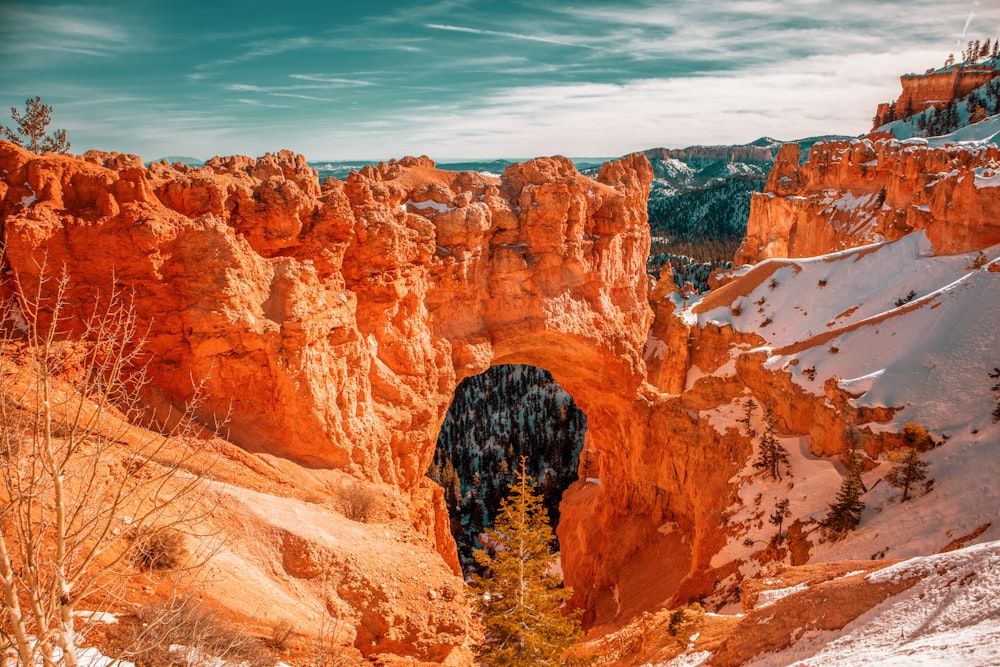 a large rock arch with Bryce Canyon National Park in the background