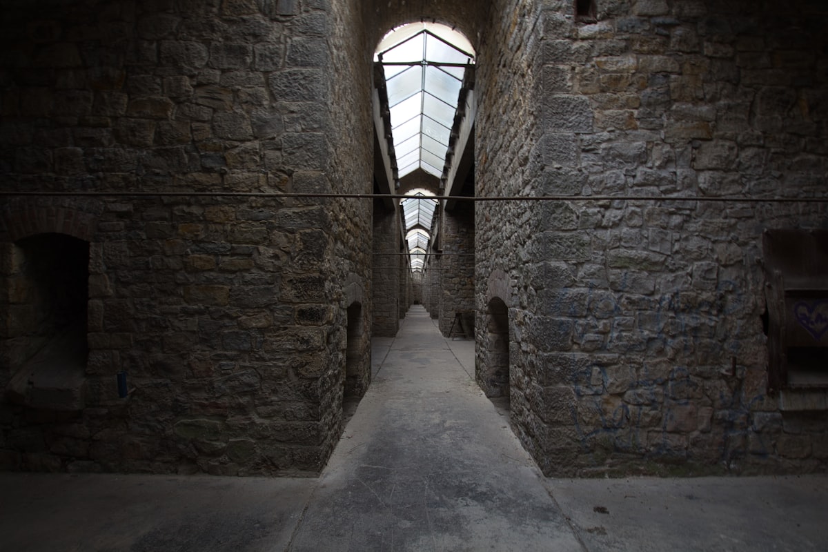Stone archways in a rustic cellar restaurant