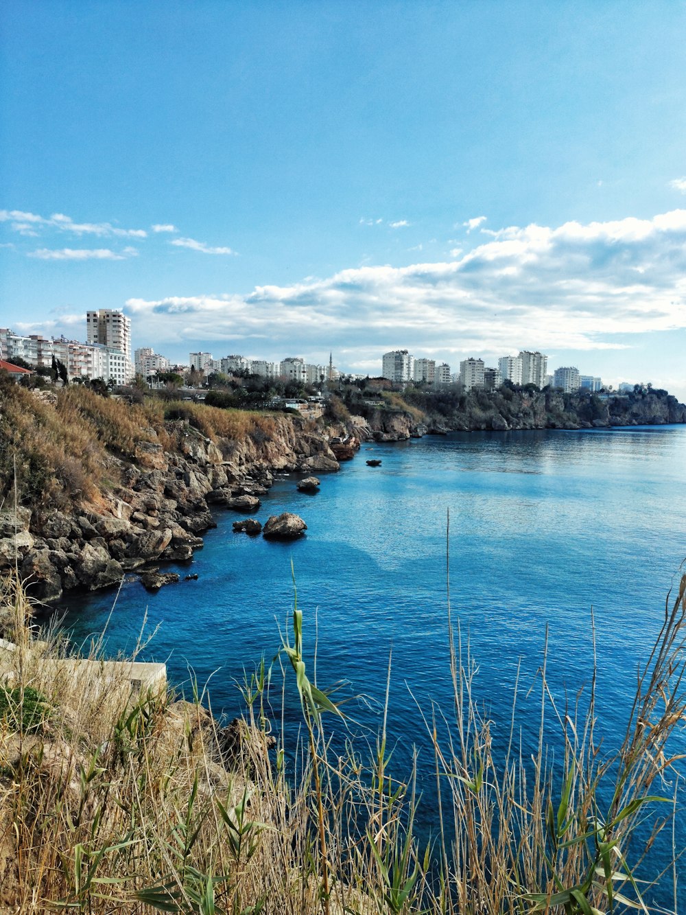 a body of water with a city in the background