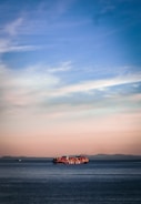 A large container ship sails across a calm sea, with red and orange shipping containers stacked on its deck. The horizon reveals a distant mountain range under a soft pastel sky transitioning from blue at the top to warm hues near the horizon line.