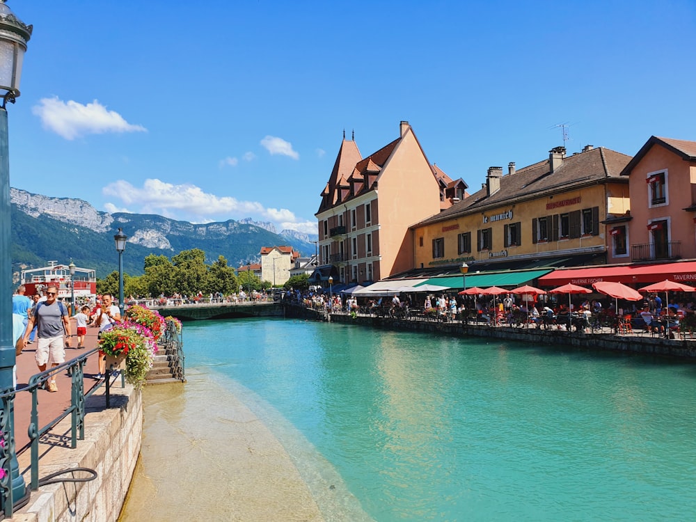 a body of water with buildings along it