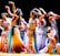 A group of dancers in colorful, flowing costumes perform an intricate dance routine on stage, each striking elegant and expressive poses. The costumes feature detailed embellishments and a harmonious blend of colors, contributing to a sense of movement and grace.
