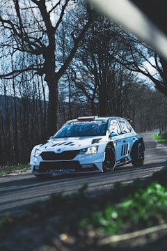 A white rally car with a vibrant, geometric Forza livery parked on a dirt road.