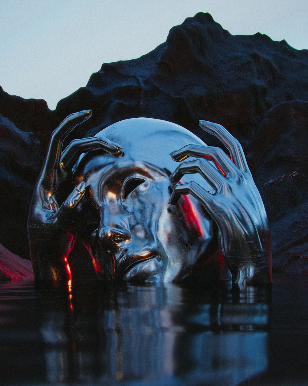 Un león con una luz roja en la cabeza y una montaña al fondo