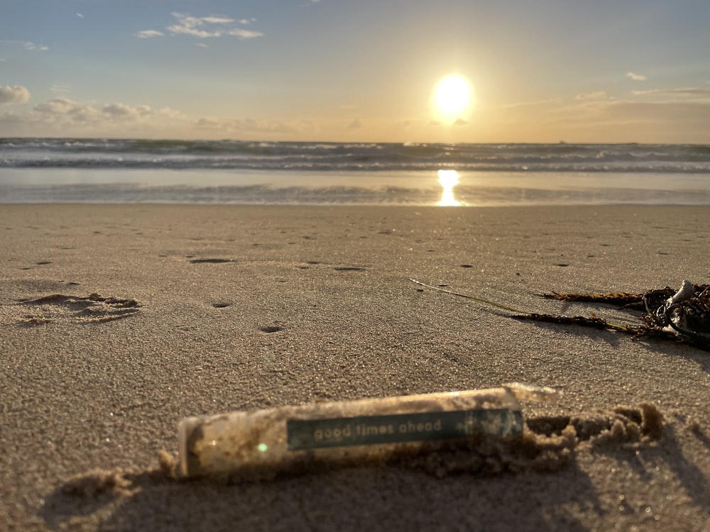 a beach with a sign