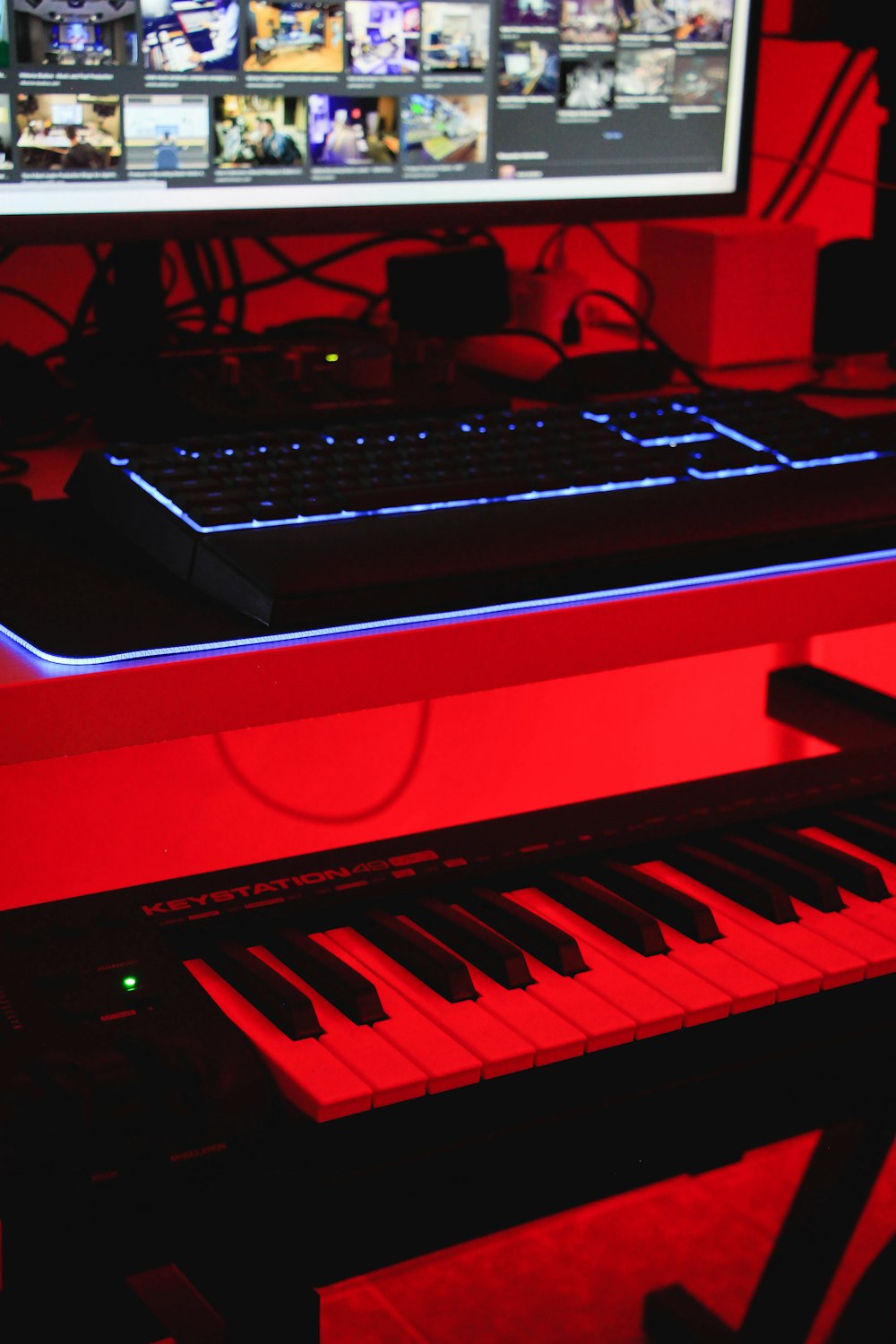 a computer keyboard on a desk