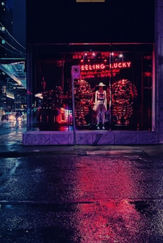 A nighttime city scene features a storefront with a mannequin wearing a hat and clothing, illuminated by red neon lights that reflect on the wet pavement. The words 'FEELING LUCKY' glow in neon above the display.
