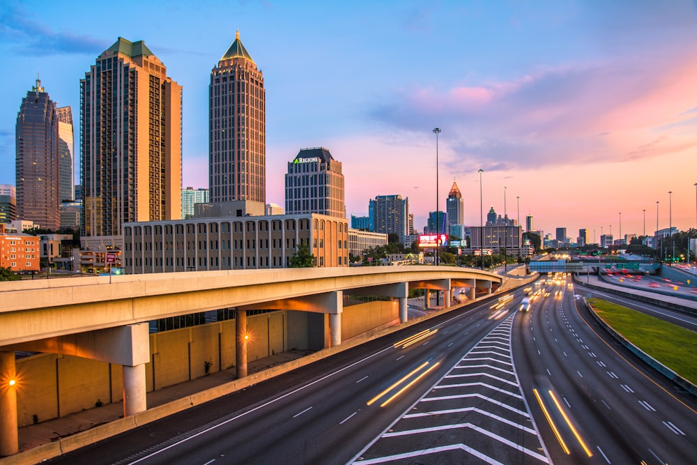 a city skyline at sunset