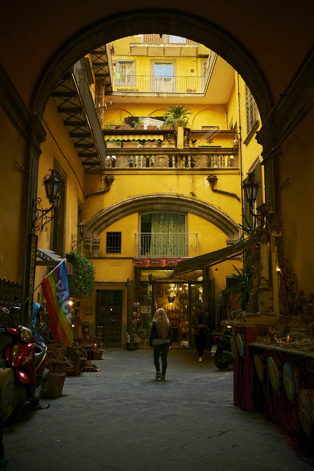 a street with people and flags