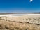 A vast salt flat with a small pool of water in the center under a clear blue sky. The terrain is rough and dry, with signs of salt crystallization. A sign in Spanish saying 'No Pasar' is visible in the foreground, indicating restricted access.