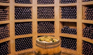 a barrel with many boxes of food