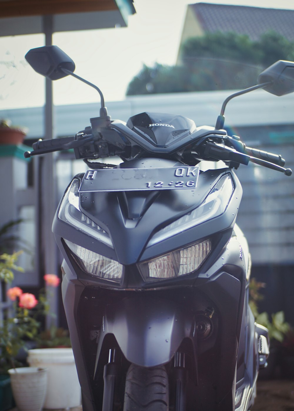 a motorcycle parked on the side of a street