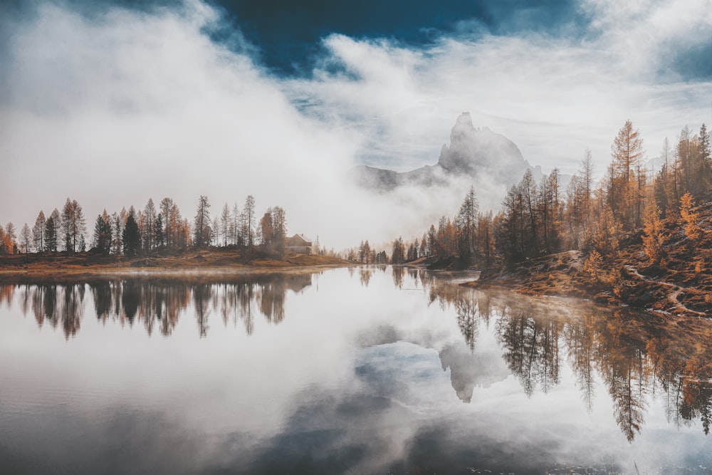 a lake with trees and a mountain in the background