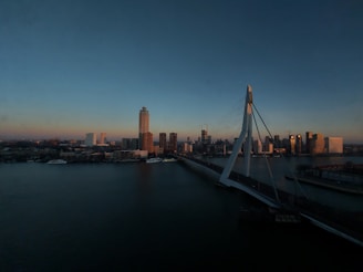 a bridge over a body of water with a city in the background