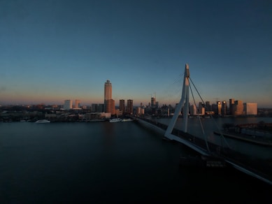 a bridge over a body of water with a city in the background