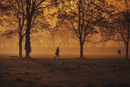 A motivated adult running outdoors during early morning light.