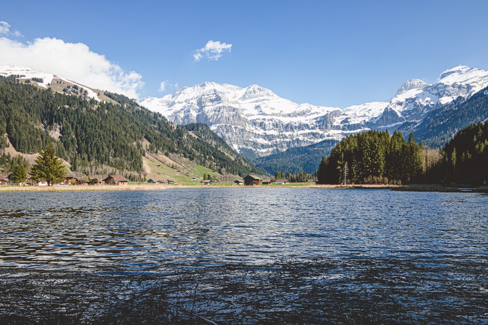 a lake with mountains in the background