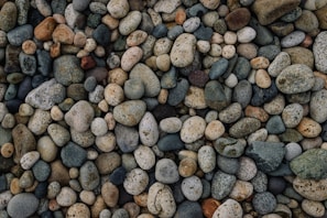 A collection of smooth river stones in varying shades of gray and brown, arranged artfully on a wooden surface.