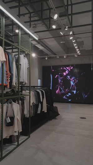 An indoor clothing store features a minimalist design with racks neatly arranged against a concrete floor. A variety of shirts and pants are displayed, primarily in neutral colors. On the right side, a large digital screen shows abstract artwork with vibrant purple and pink colors. The ceiling is adorned with exposed beams and track lighting, creating a modern industrial feel.
