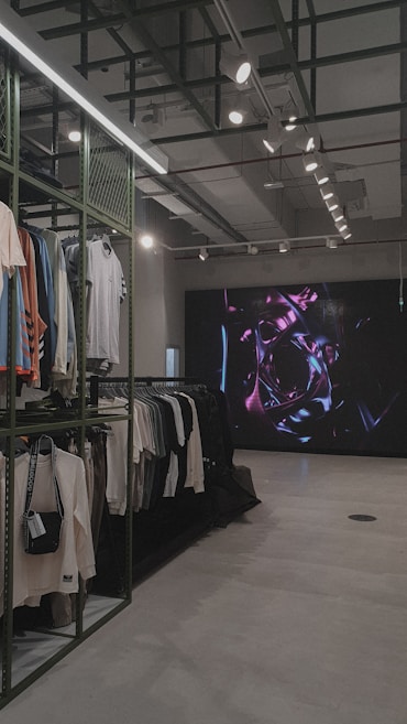 An indoor clothing store features a minimalist design with racks neatly arranged against a concrete floor. A variety of shirts and pants are displayed, primarily in neutral colors. On the right side, a large digital screen shows abstract artwork with vibrant purple and pink colors. The ceiling is adorned with exposed beams and track lighting, creating a modern industrial feel.