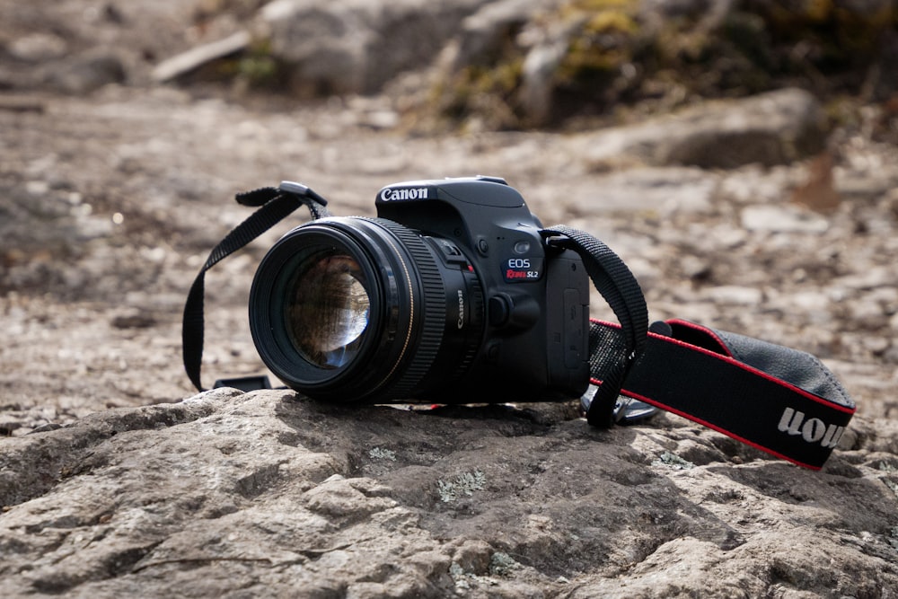 a camera on a rock